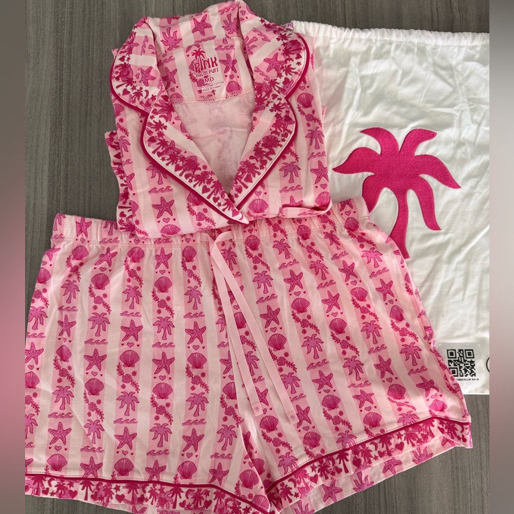 Pink Palm Puff Pajamas in Blush Bay size M - Picture 5 of 6